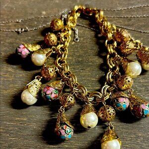 E Gold and Pearl Cloisonné Charm Bracelet